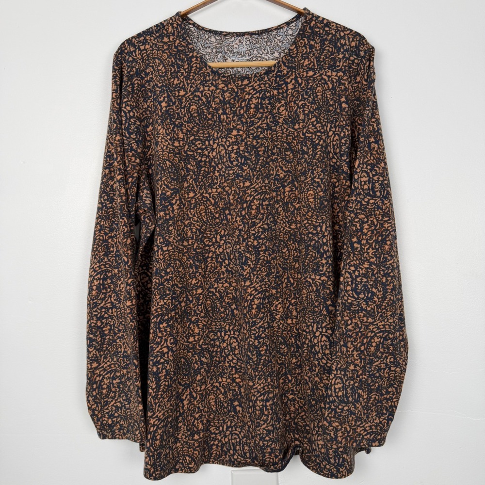 Pure Jill Pima Cotton Long Sleeve Shirttail Tee Brown Navy Paisley Print Large